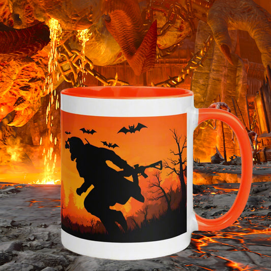 Spooky two‑tone mug with a white body and orange handle and interior, featuring a black silhouette of a crouching soldier with a rifle against a blazing orange sunset, with bats flying overhead and barren trees; displayed in a dramatic lava‑filled fantasy setting, perfect for Halloween collections on Primal Risk.